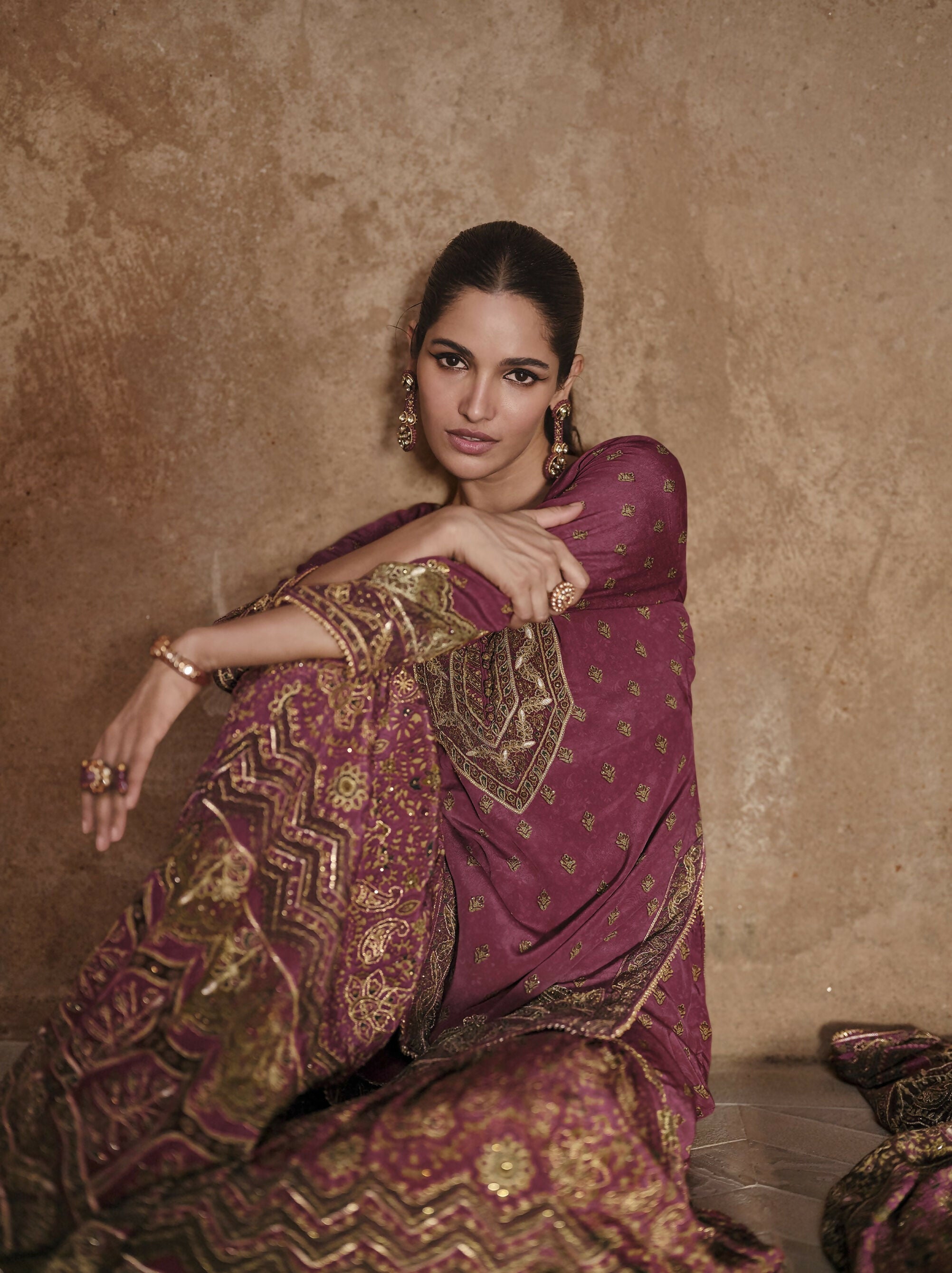 Anaita Maroon Silk Readymade Palazzo Suit with Swarovski Work - Distacart