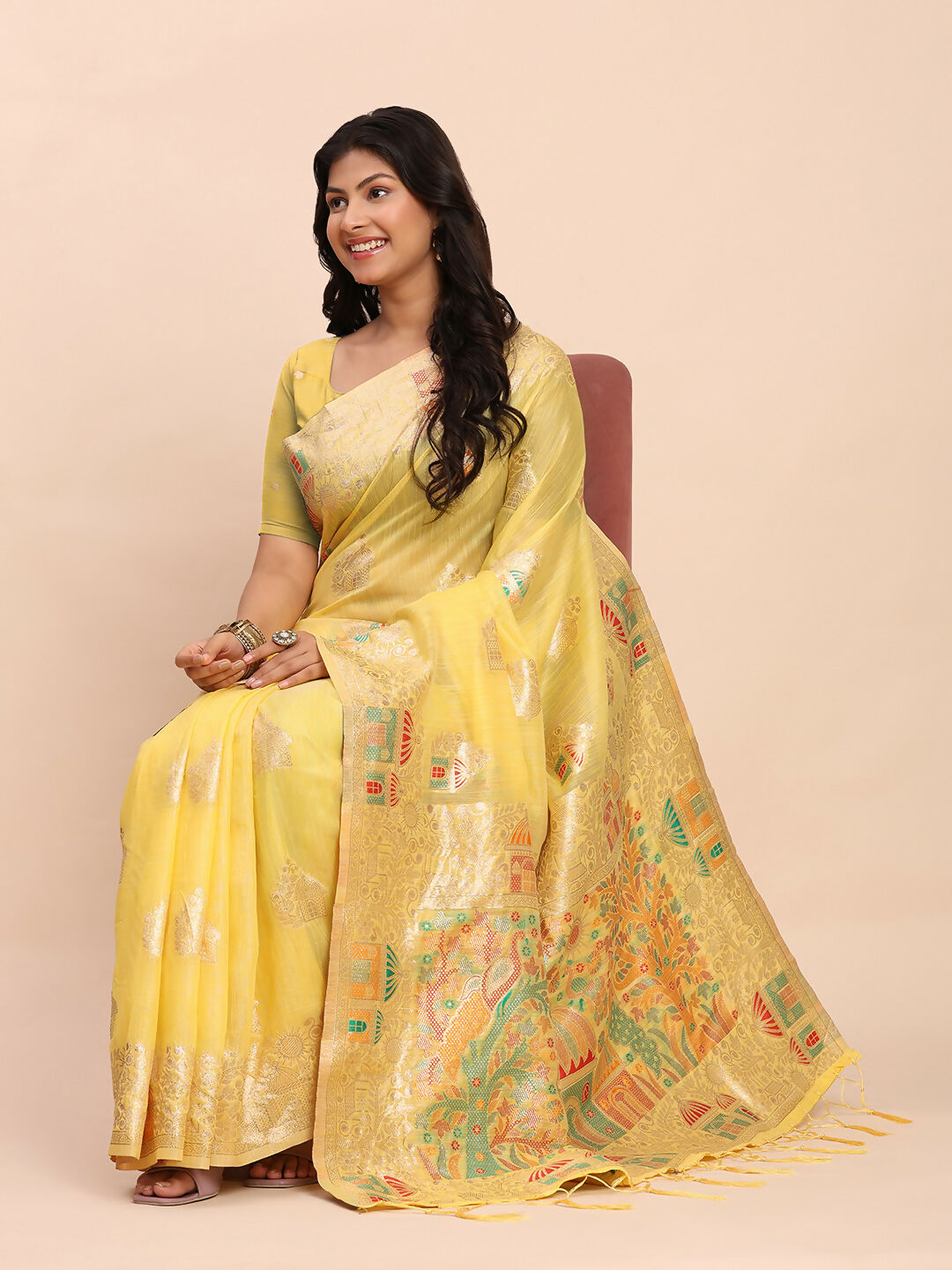 Shree Shyam Fashion Linen Cotton Yellow Saree - Distacart