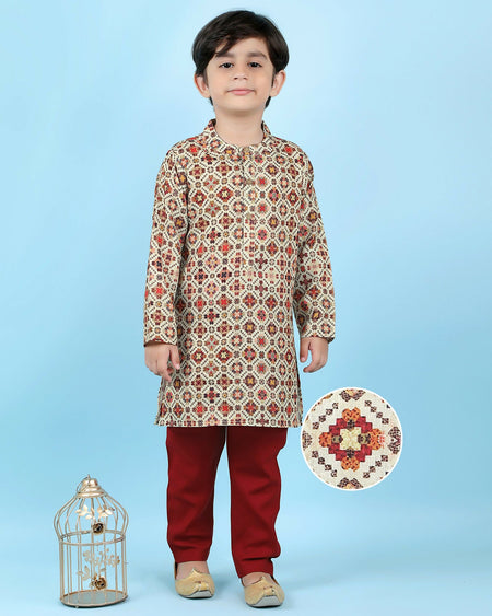 Joban Fashion Kids Island Cotton Full Sleeves Printed Kurta and Pyjama- Maroon