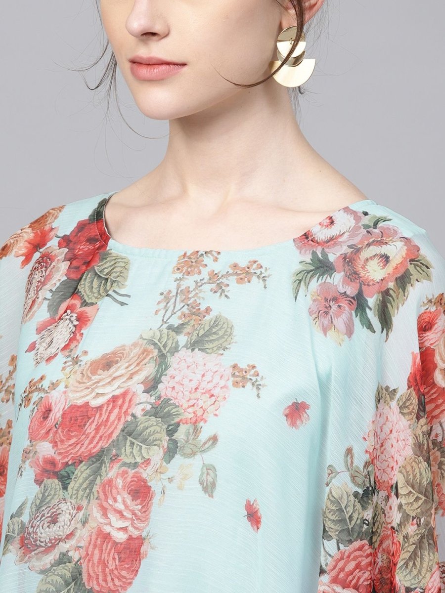 Ahalyaa Aqua Blue Poly Silk Kurta With Attached Printed Dupatta - Distacart