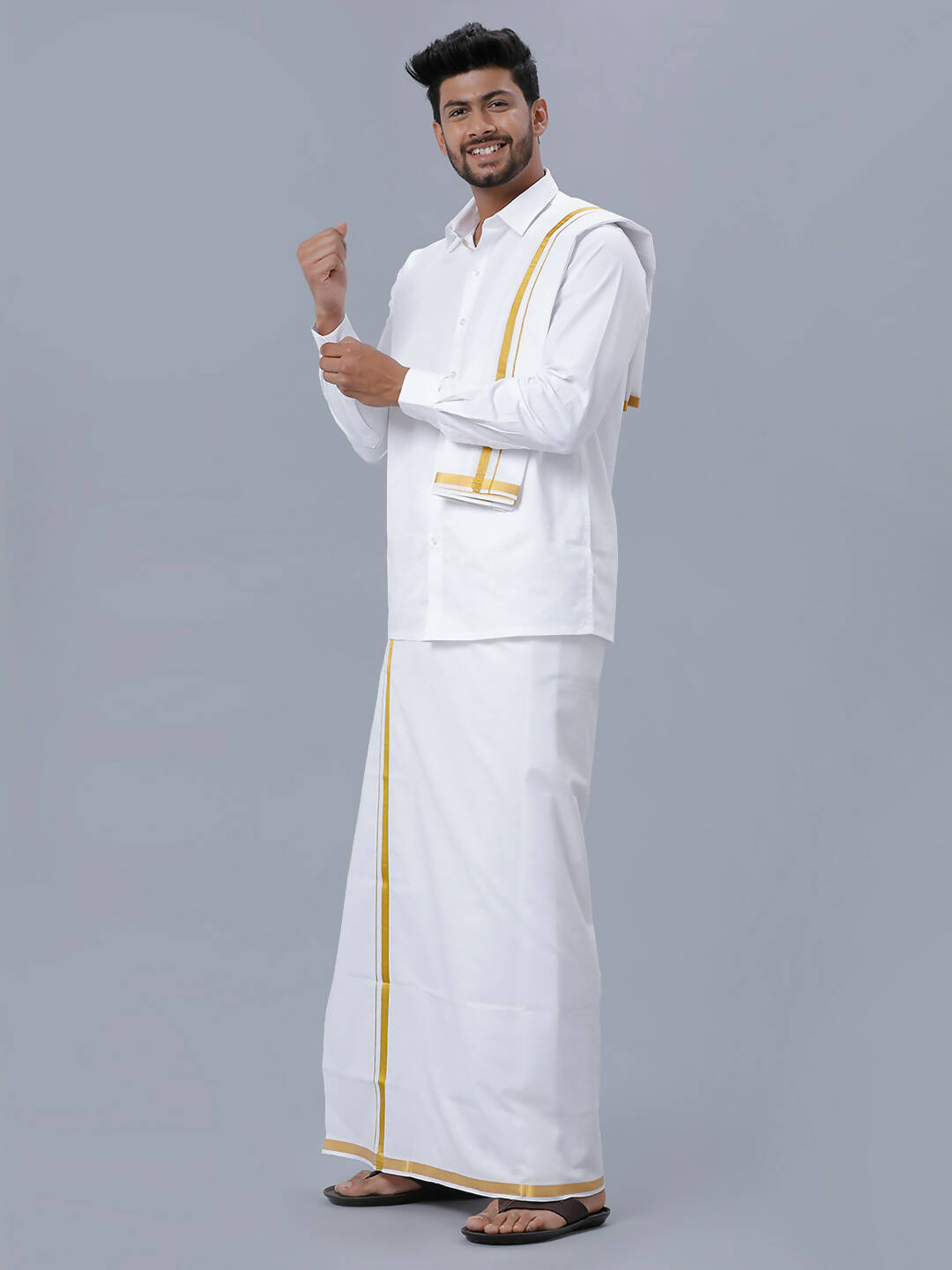 Ramraj Cotton Premium Wedding White Readymade Dhoti, Shirt & Towel Set Dhanvanthri