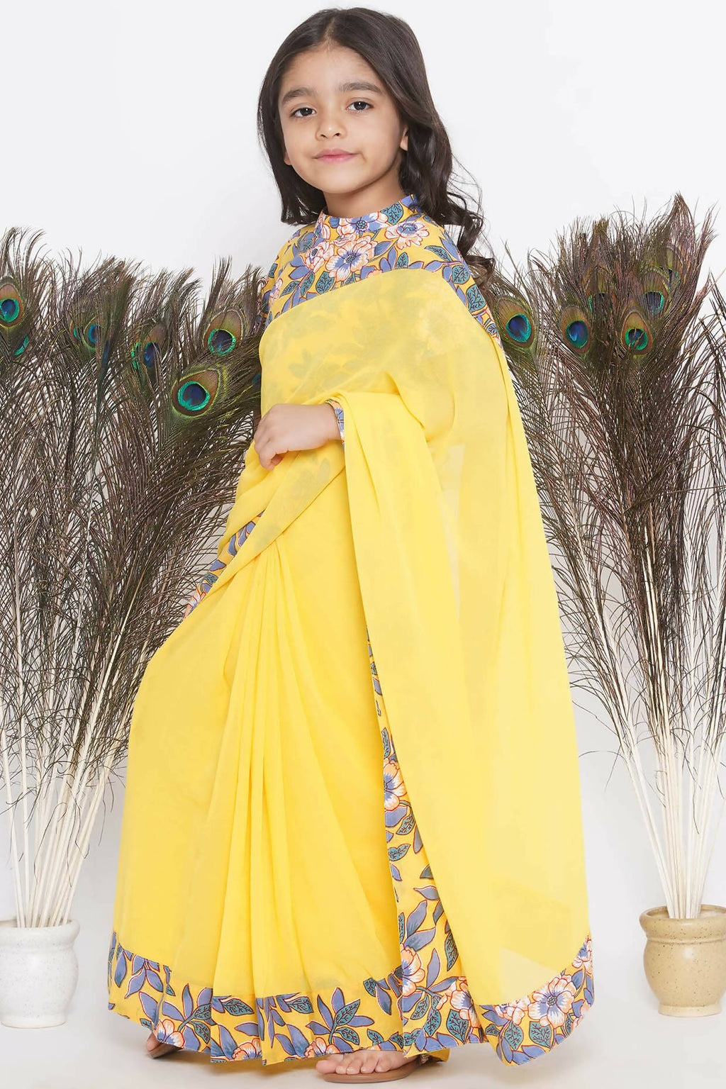 Little Bansi Floral Print Ready To Wear Saree And Floral Blouse - Yellow