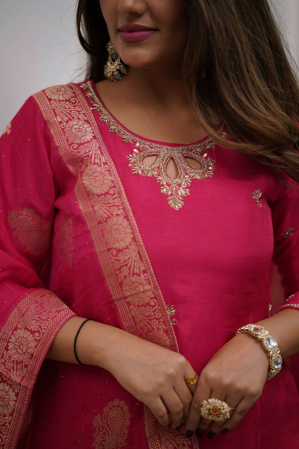 The52 Gajri Women's Gorgeous Embroidered Viscose Chanderi Fabric Straight Kurta Pant with Dupatta Set - Distacart