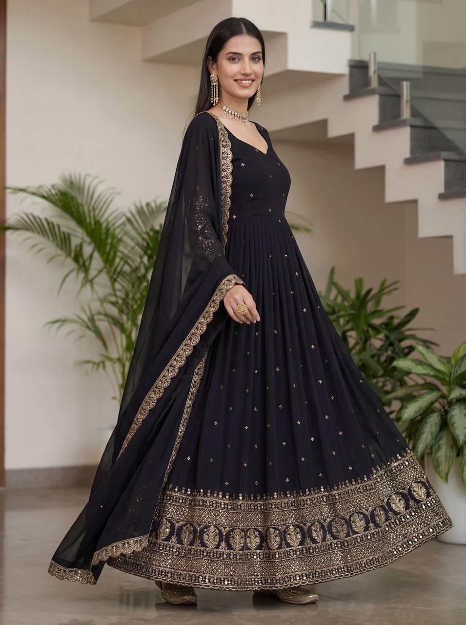 Lehenga Mart Designer Vichitra Silk Gown With Dupatta-Black - Distacart