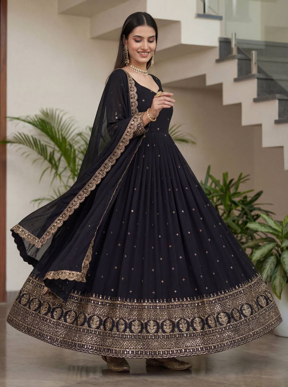 Lehenga Mart Designer Vichitra Silk Gown With Dupatta-Black - Distacart