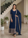 Lehenga Mart Designer Vichitra Silk Gown With Dupatta-Navy Blue - Distacart