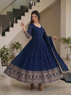 Lehenga Mart Designer Vichitra Silk Gown With Dupatta-Navy Blue - Distacart