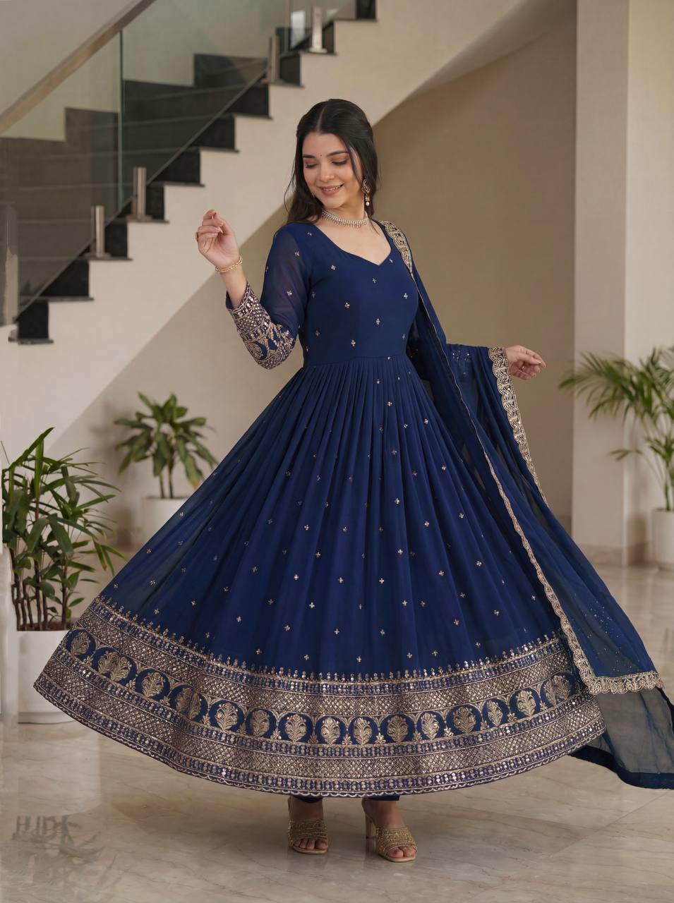 Lehenga Mart Designer Vichitra Silk Gown With Dupatta-Navy Blue - Distacart