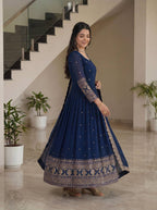 Lehenga Mart Designer Vichitra Silk Gown With Dupatta-Navy Blue - Distacart