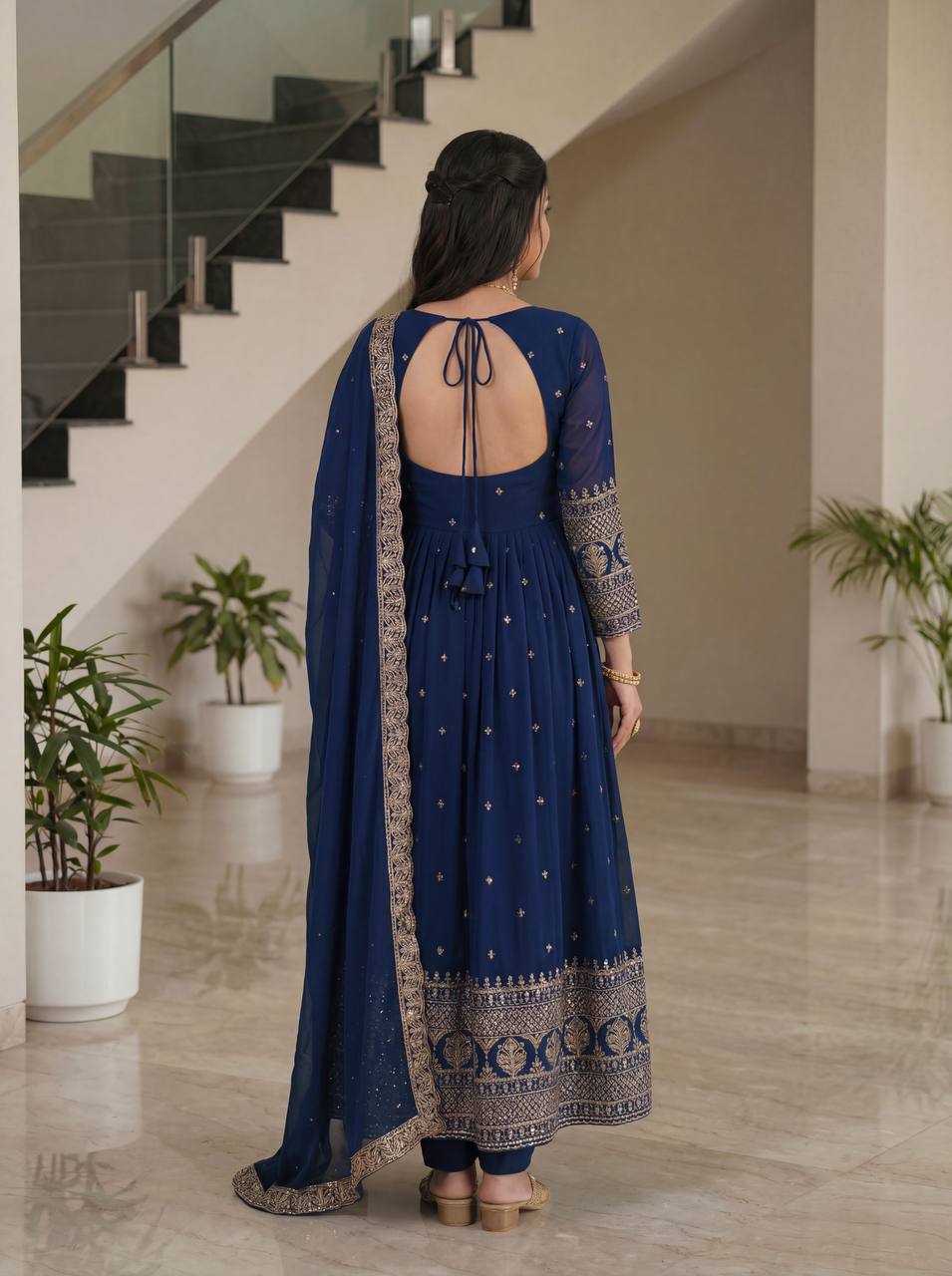 Lehenga Mart Designer Vichitra Silk Gown With Dupatta-Navy Blue - Distacart