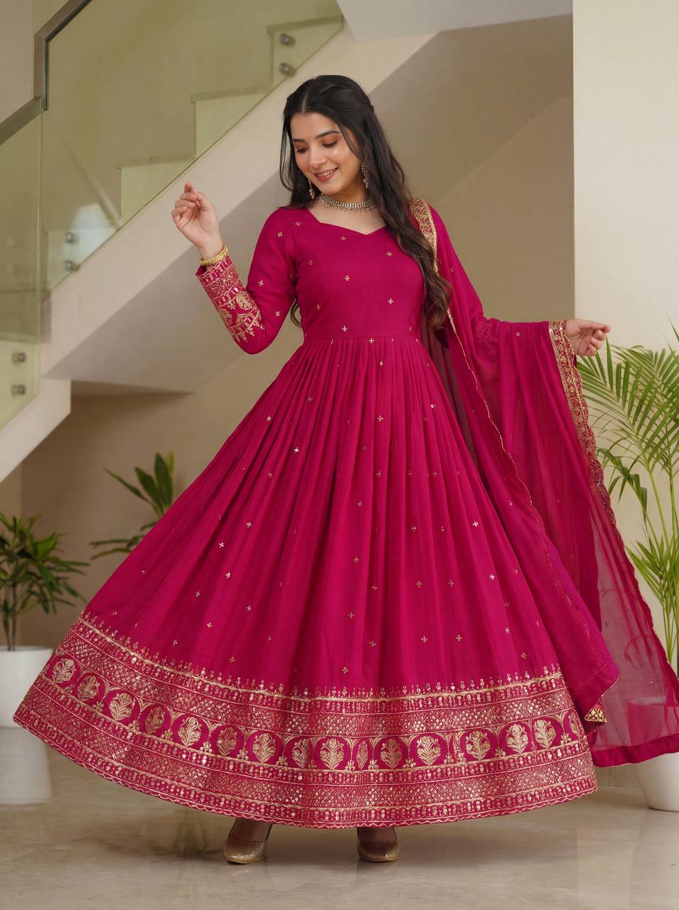 Lehenga Mart Designer Vichitra Silk Gown With Dupatta-Pink - Distacart