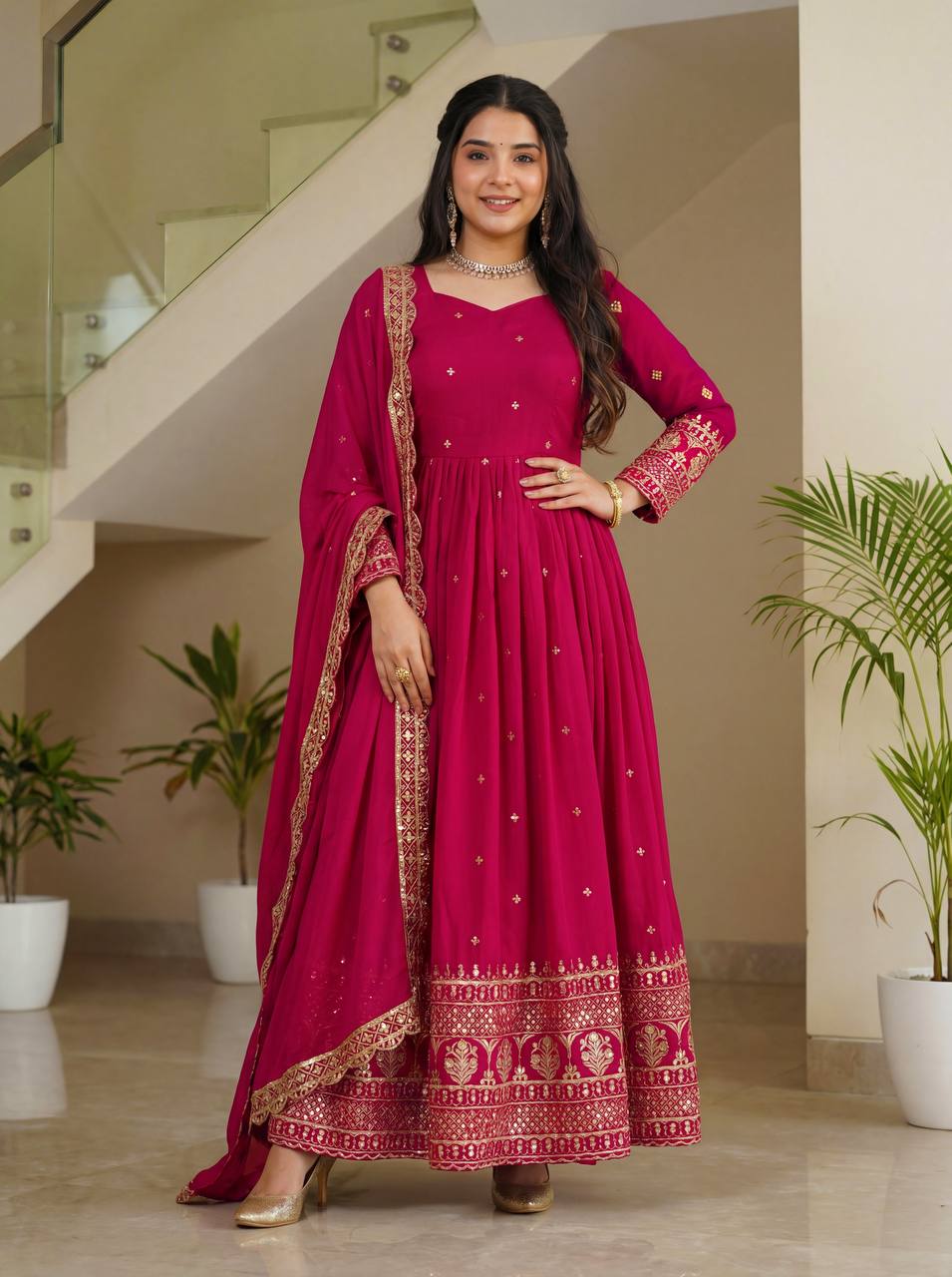 Lehenga Mart Designer Vichitra Silk Gown With Dupatta-Pink - Distacart