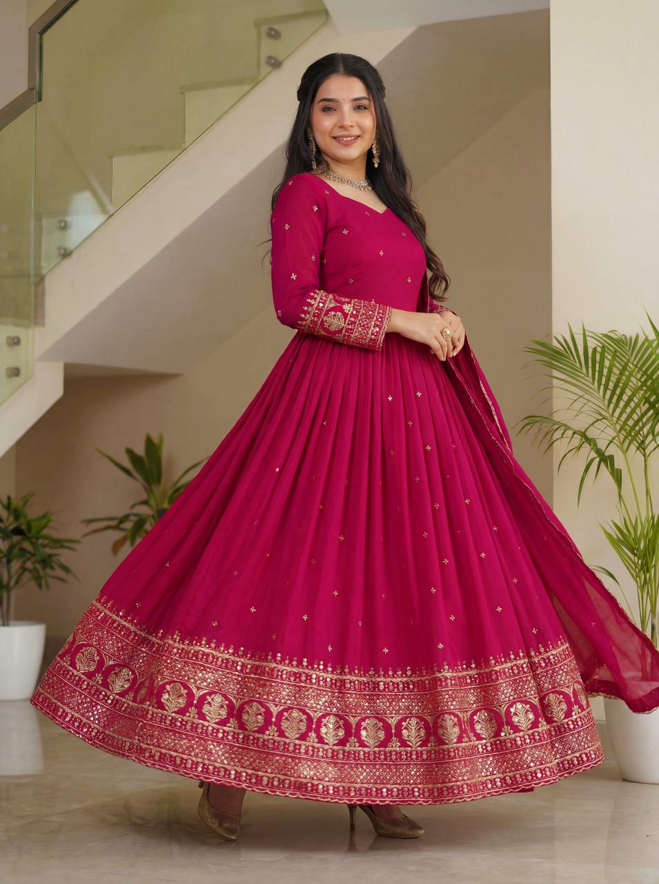 Lehenga Mart Designer Vichitra Silk Gown With Dupatta-Pink - Distacart