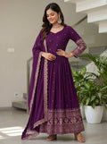 Lehenga Mart Designer Vichitra Silk Gown With Dupatta-Wine - Distacart