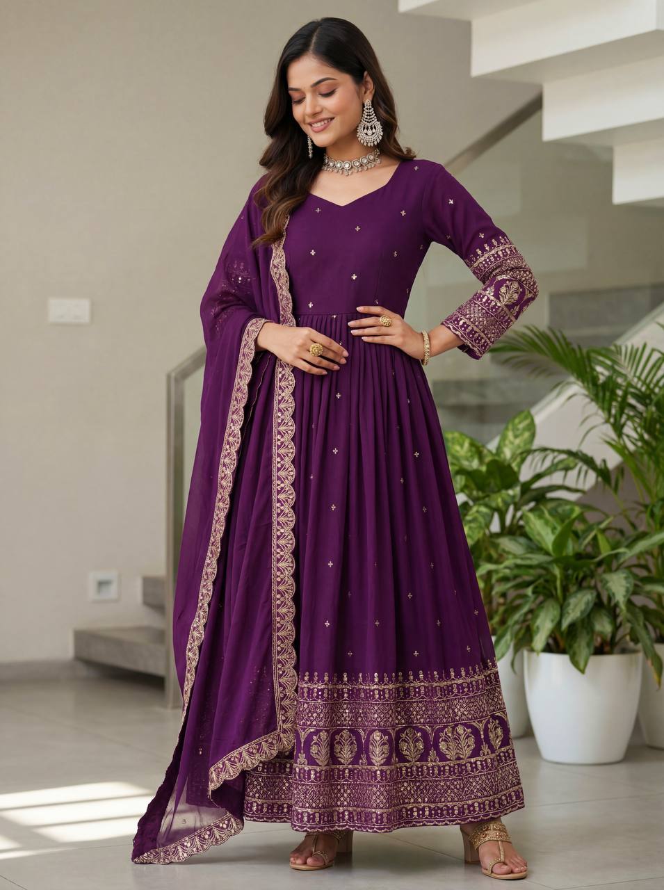 Lehenga Mart Designer Vichitra Silk Gown With Dupatta-Wine - Distacart