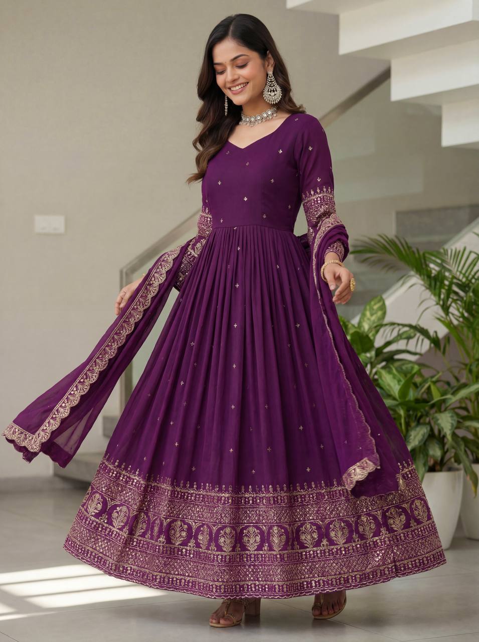 Lehenga Mart Designer Vichitra Silk Gown With Dupatta-Wine - Distacart