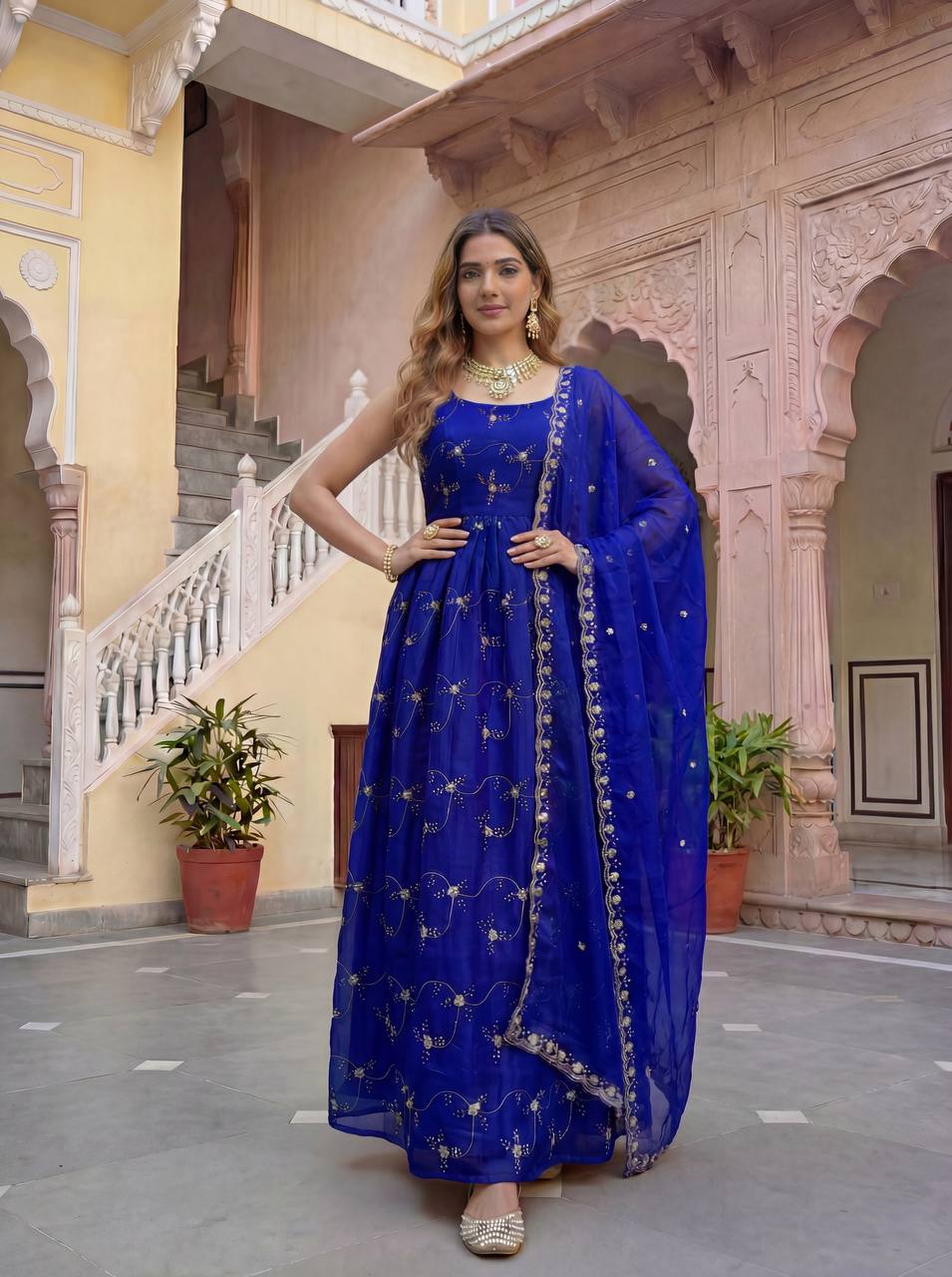 Lehenga Mart Designer Fandy Silk Gown With Dupatta-Royal Blue - Distacart