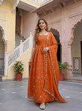 Lehenga Mart Designer Fandy Silk Gown With Dupatta-Rusty Orange - Distacart