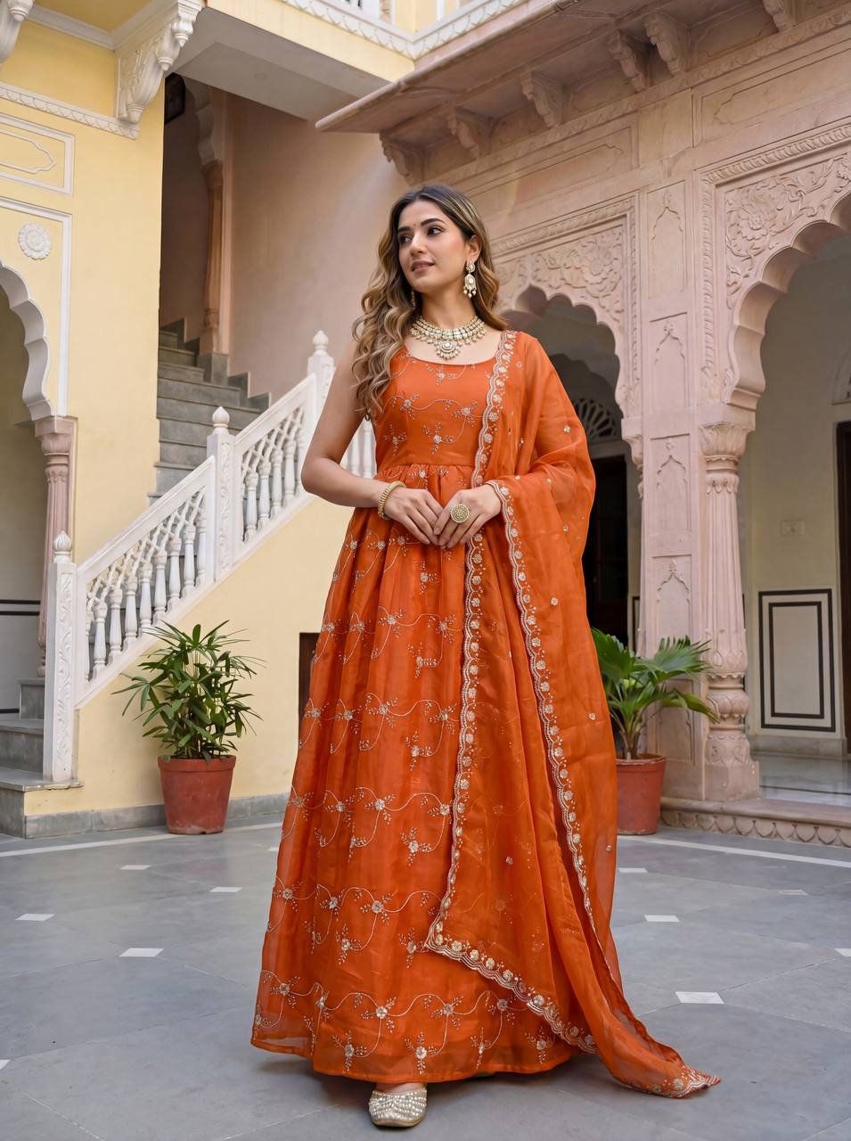 Lehenga Mart Designer Fandy Silk Gown With Dupatta-Rusty Orange - Distacart