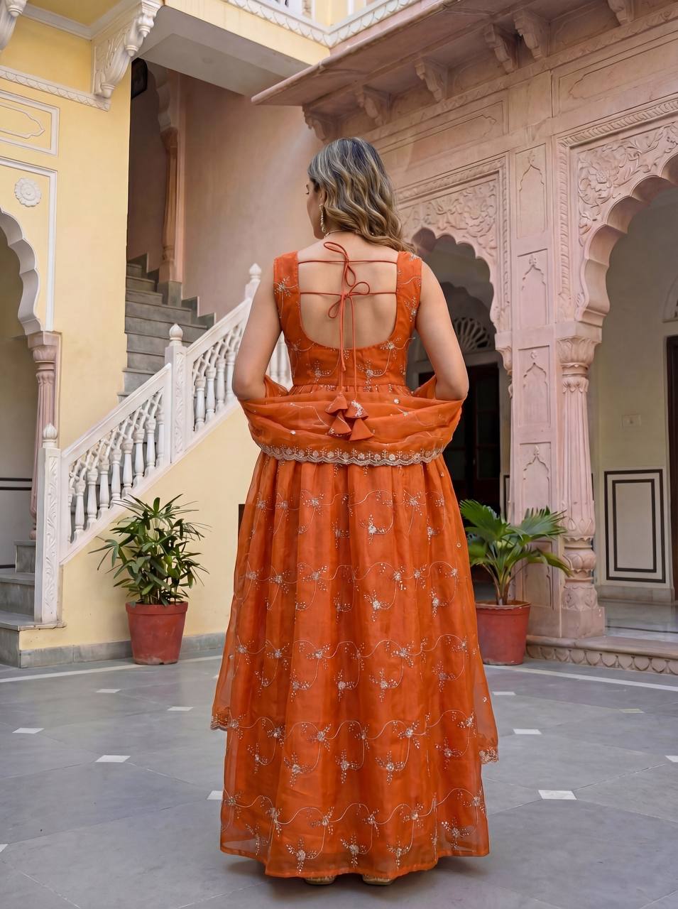 Lehenga Mart Designer Fandy Silk Gown With Dupatta-Rusty Orange - Distacart