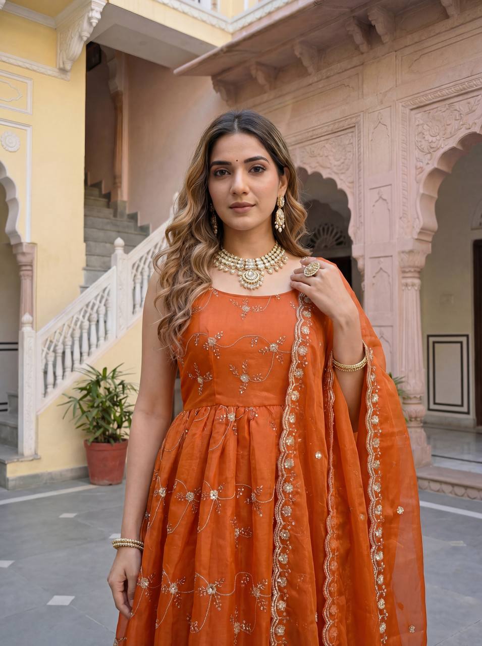Lehenga Mart Designer Fandy Silk Gown With Dupatta-Rusty Orange - Distacart