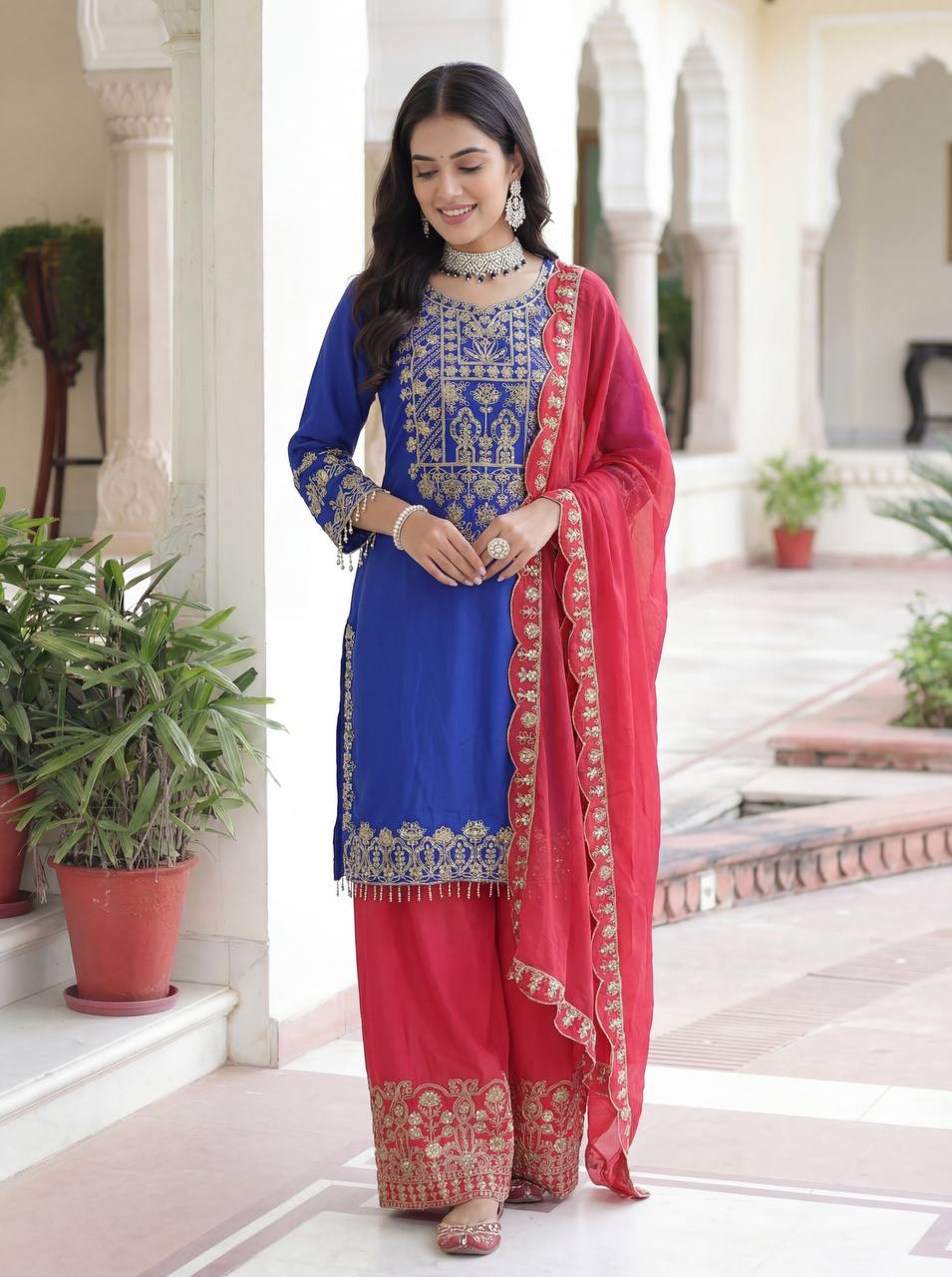 Lehenga Mart Chinon Silk Salwar Suit Dupatta-Blue - Distacart