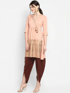 Janasya Peach-Coloured & Maroon Printed Angrakha Gotta Patti Kurta with Dhoti Pants - Distacart