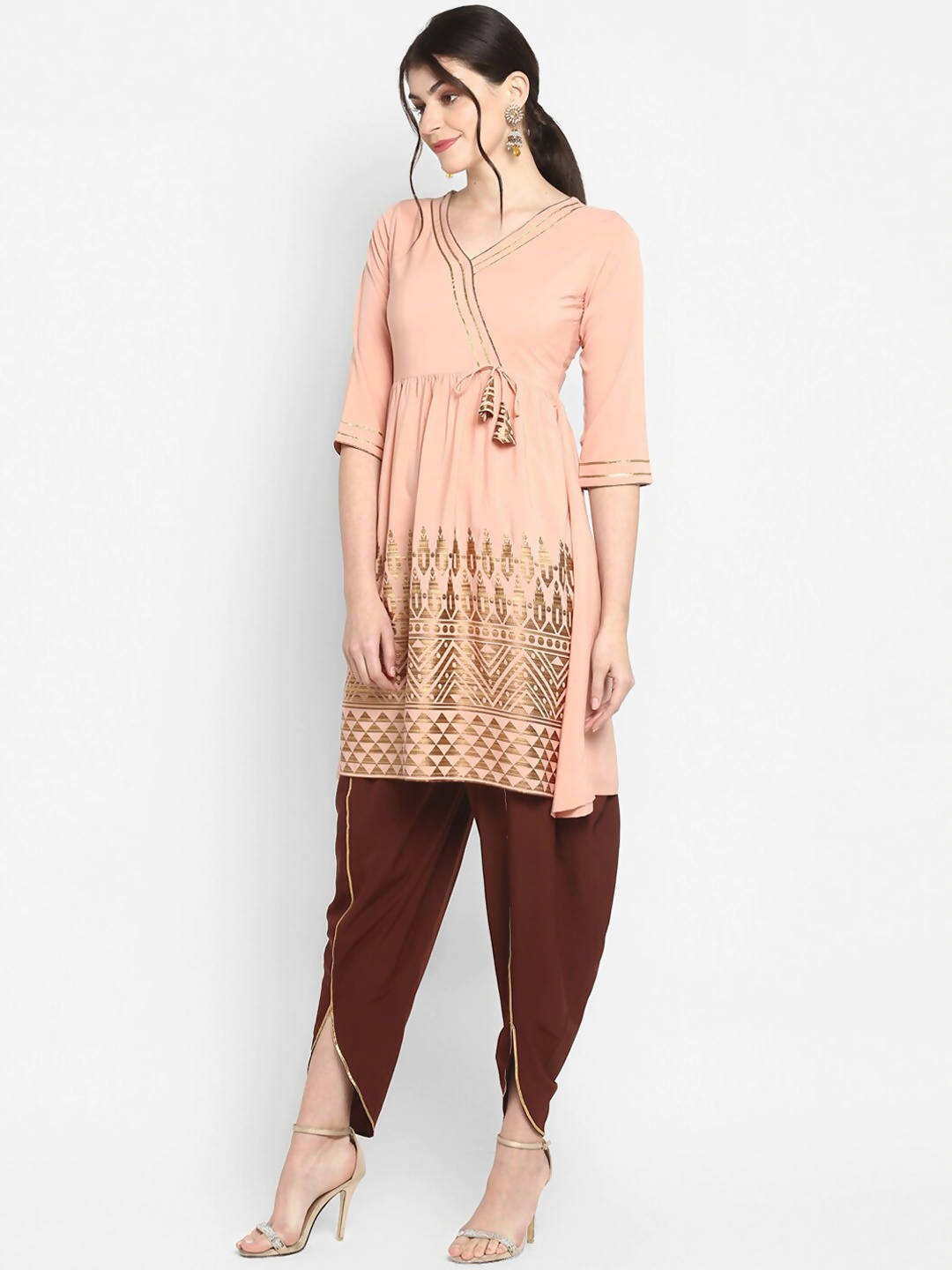 Janasya Peach-Coloured & Maroon Printed Angrakha Gotta Patti Kurta with Dhoti Pants - Distacart