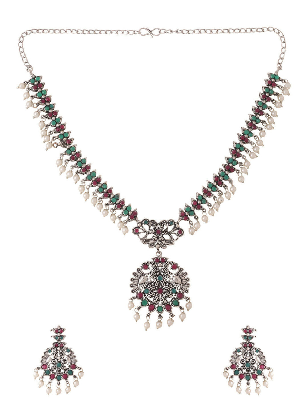 NVR Women Stone Studded Oxidised Silver Jewellery Set