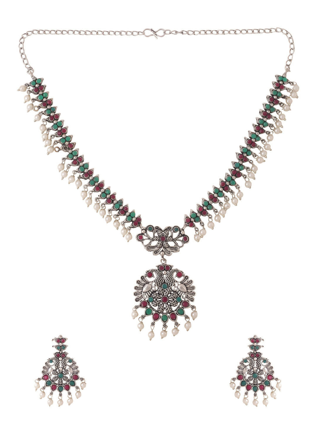 NVR Women Stone Studded Oxidised Silver Jewellery Set