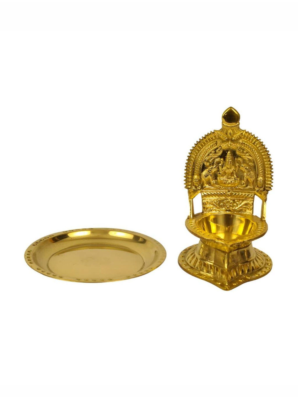 Spillbox Gold Toned Kamachi Diya With Plate Pooja Essentials