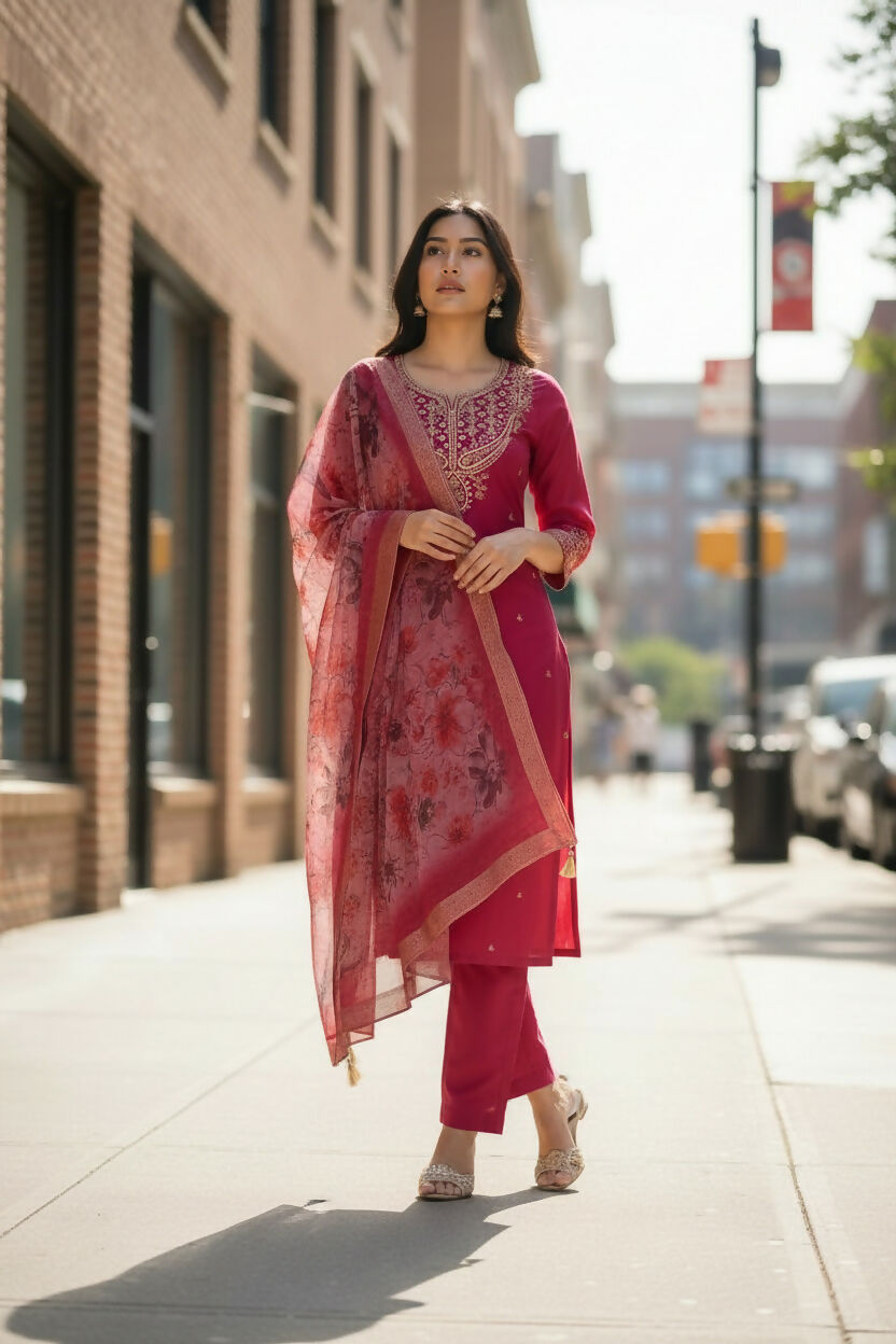 The52 Women's Beautiful Chanderi Silk Fabric Embroidery Work Straight Kurta Pant and Dupatta Set - Distacart