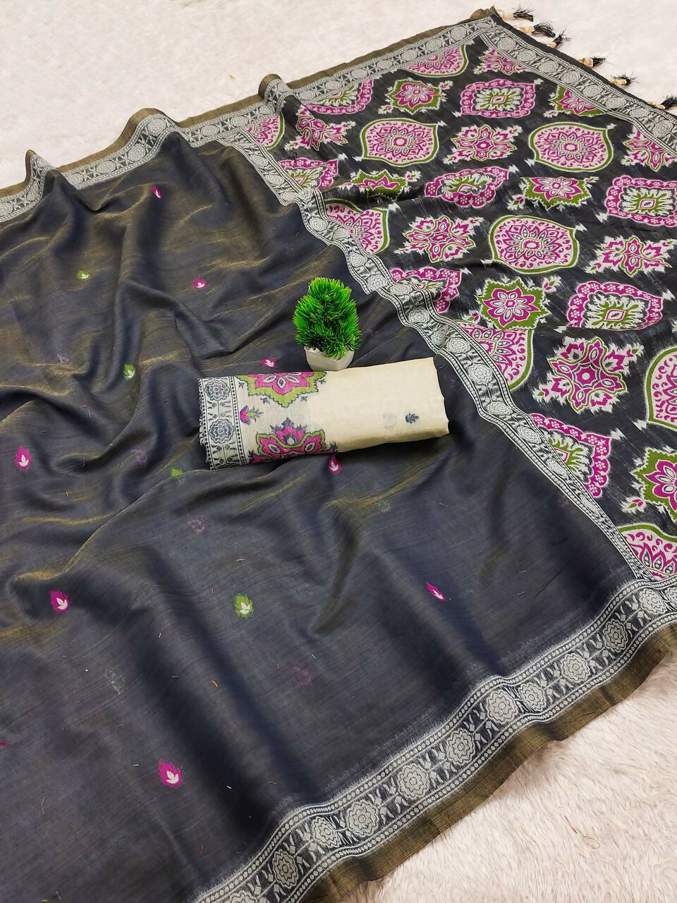 Vastranavya Black Muga Cotton Meenakari & Azarakh Pallu Saree with Contrast Blouse - Distacart