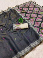 Vastranavya Black Muga Cotton Meenakari & Azarakh Pallu Saree with Contrast Blouse - Distacart
