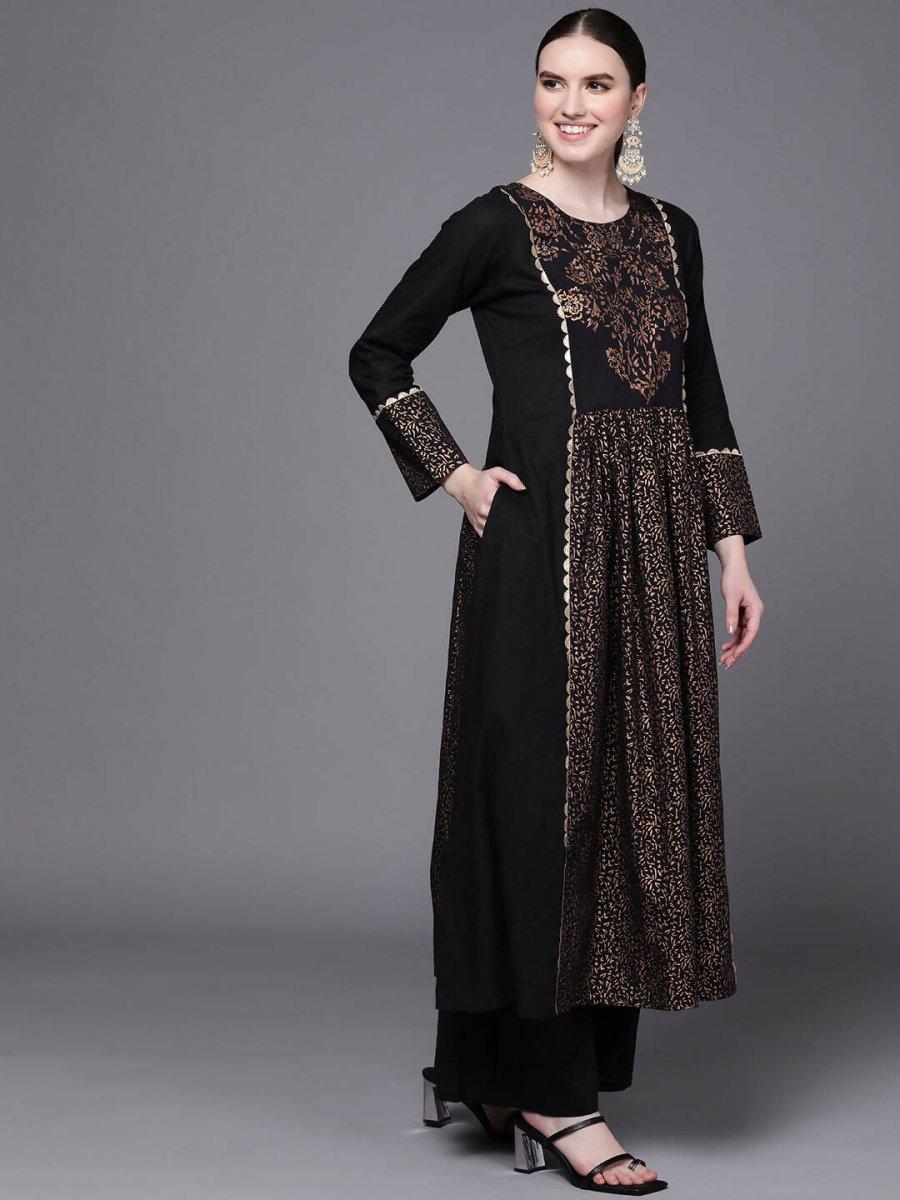 Ahalyaa Women Black Floral Printed Pure Cotton Kurta with Palazzos - Distacart