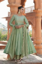 The52 Women's Beautiful Vichitra Silk Fabric Embroidery Work Flared Anarkali Pant and Dupatta Set - Distacart