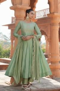 The52 Women's Beautiful Vichitra Silk Fabric Embroidery Work Flared Anarkali Pant and Dupatta Set - Distacart
