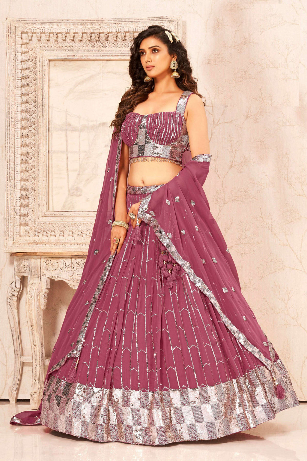 Mauve Faux Georgette Heavy Sequence work Lehenga Choli with Dupatta - Dhvani