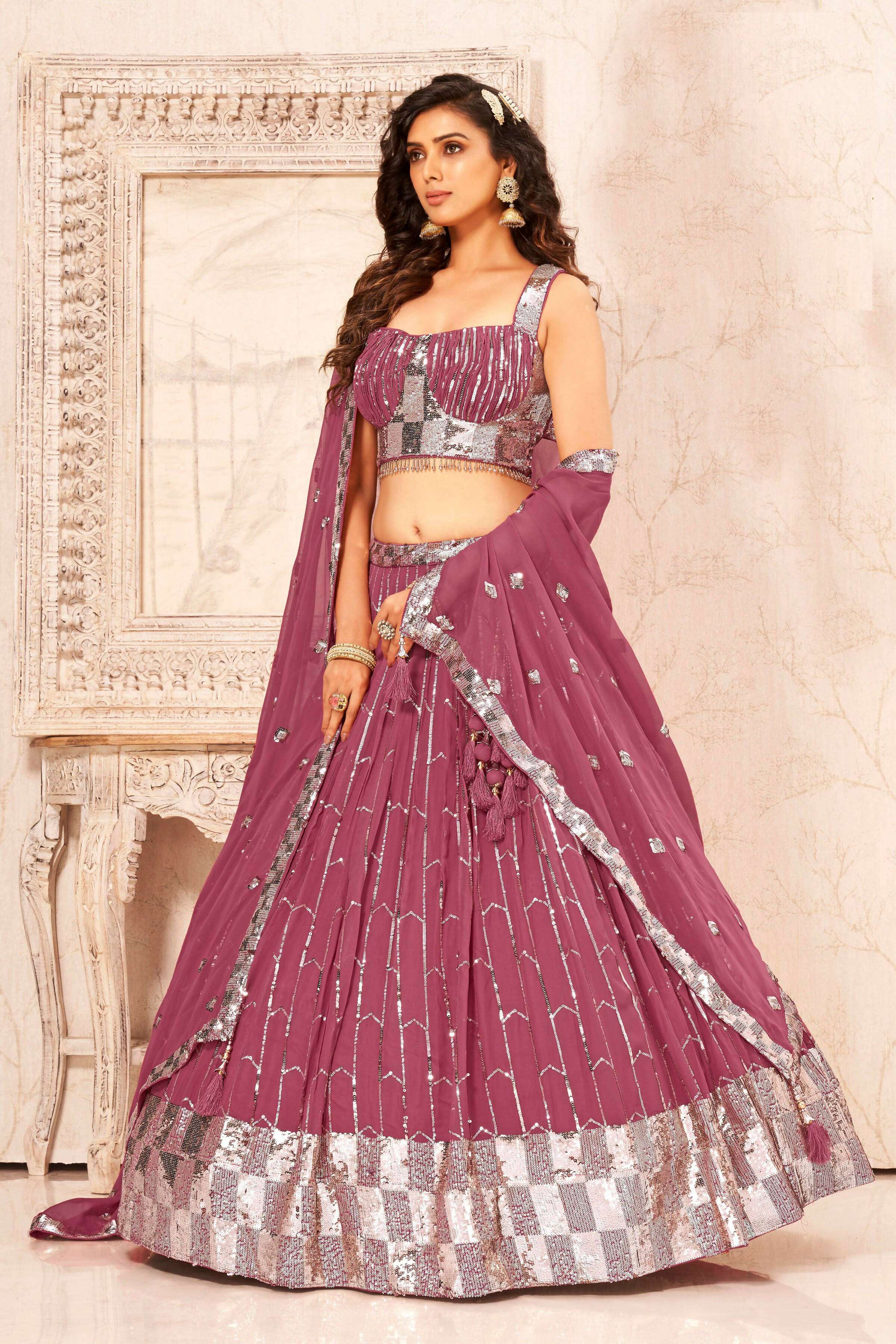 Mauve Faux Georgette Heavy Sequence work Lehenga Choli with Dupatta - Dhvani