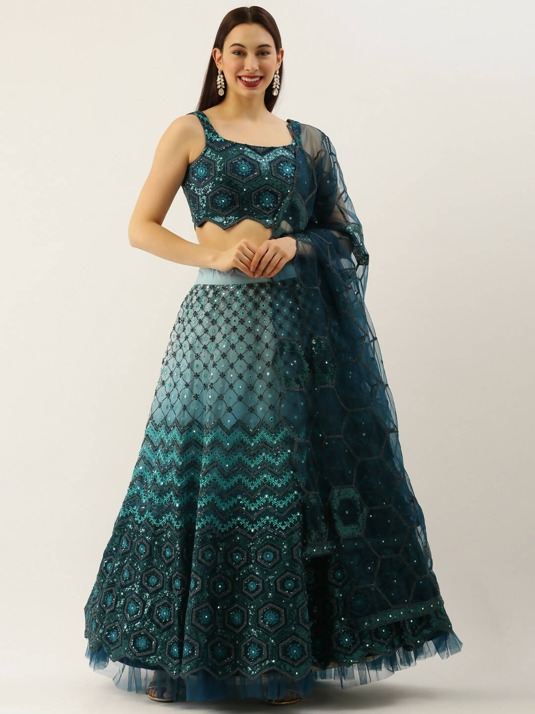 House of Panchhi Women Teal Net Embroidered Sequins Lehenga & Blouse with Dupatta
