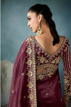 Monjolika Fashion Wine Tissue Embroidered Sequins And Zari Work Saree - Distacart