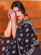 Zibaa Hand-Blocked Pure Mul Cotton Black Saree - Distacart