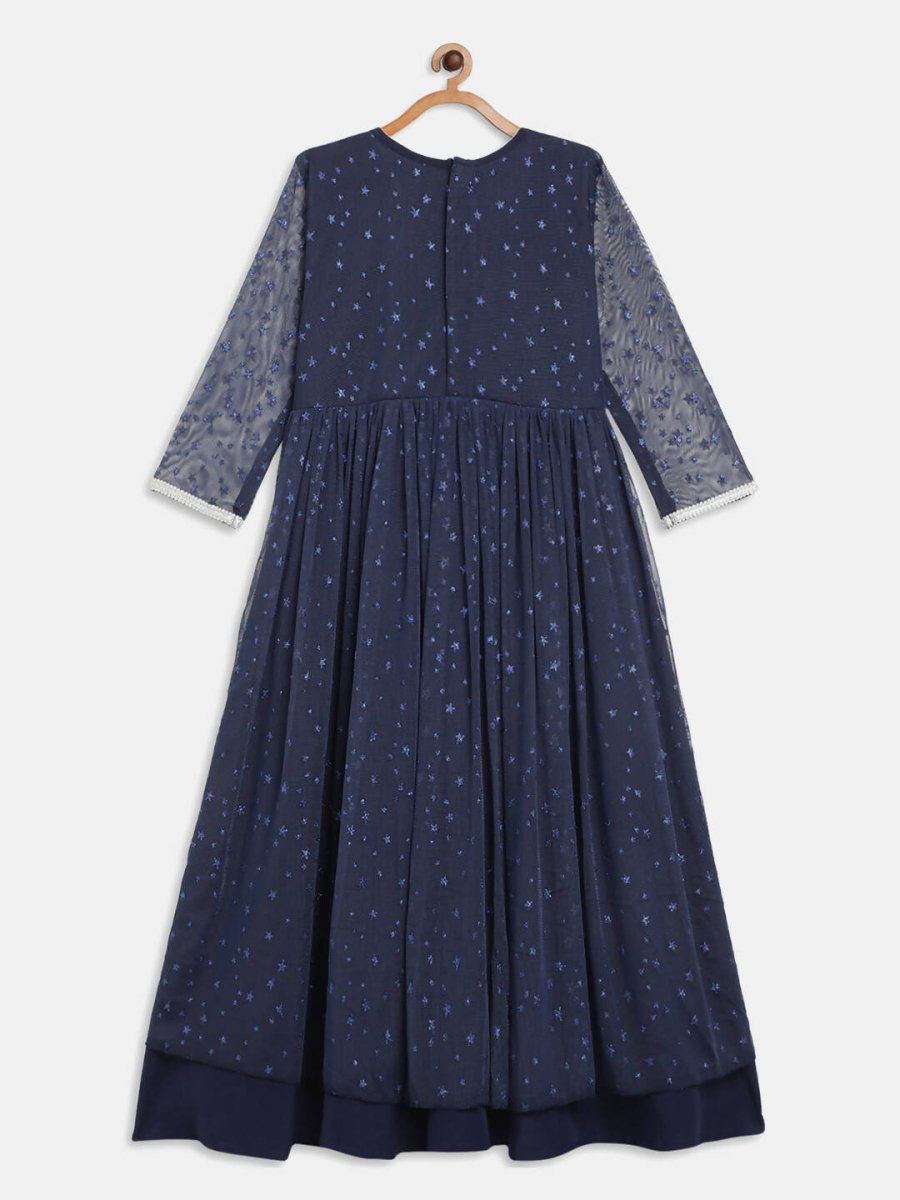 Ahalyaa Navy Blue Net Foil Print Kids Dress For Girls