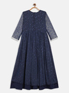 Ahalyaa Navy Blue Net Foil Print Kids Dress For Girls