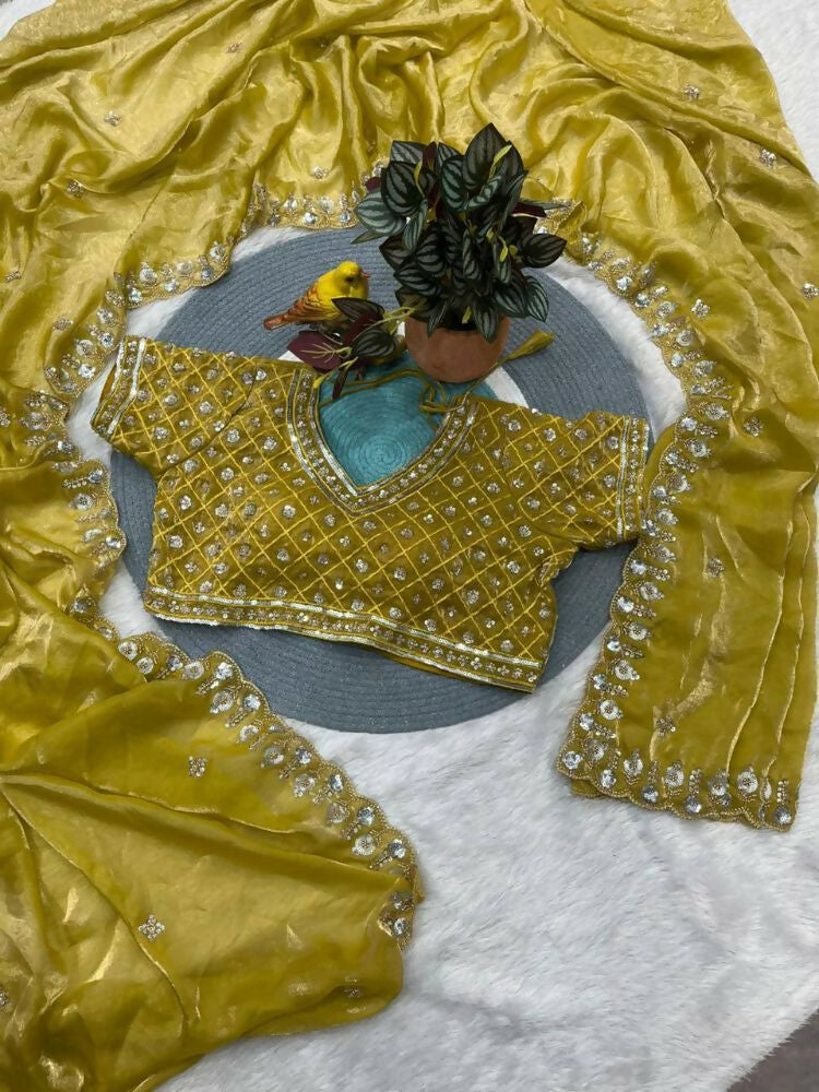 Joban Fashion Yellow Fandy Satin Silk Party Wear Sarees - Distacart