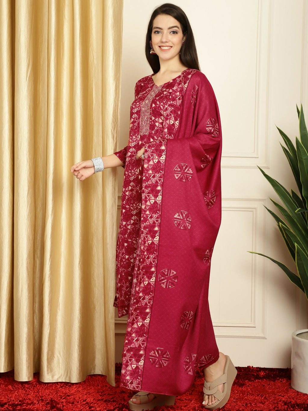 Jyoti Fashion Women's Red Pashmina Floral Digital Printed Kurta with Trouser & Dupatta