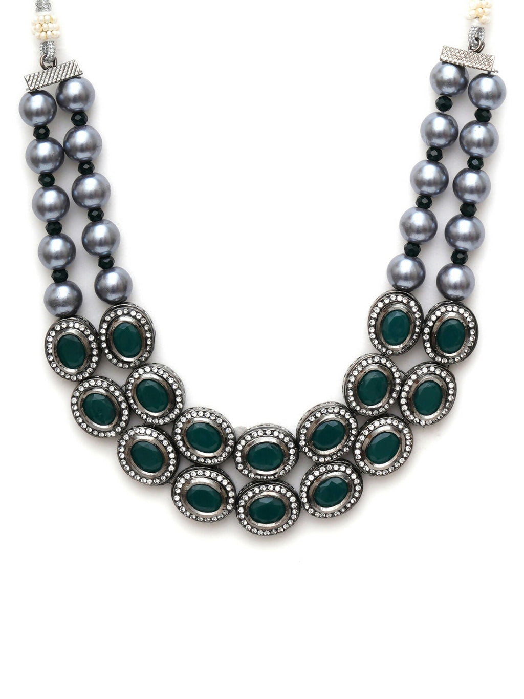 Green Stone Kundan Neckpiece with Grey Stones (Grey) - Ruby Raang