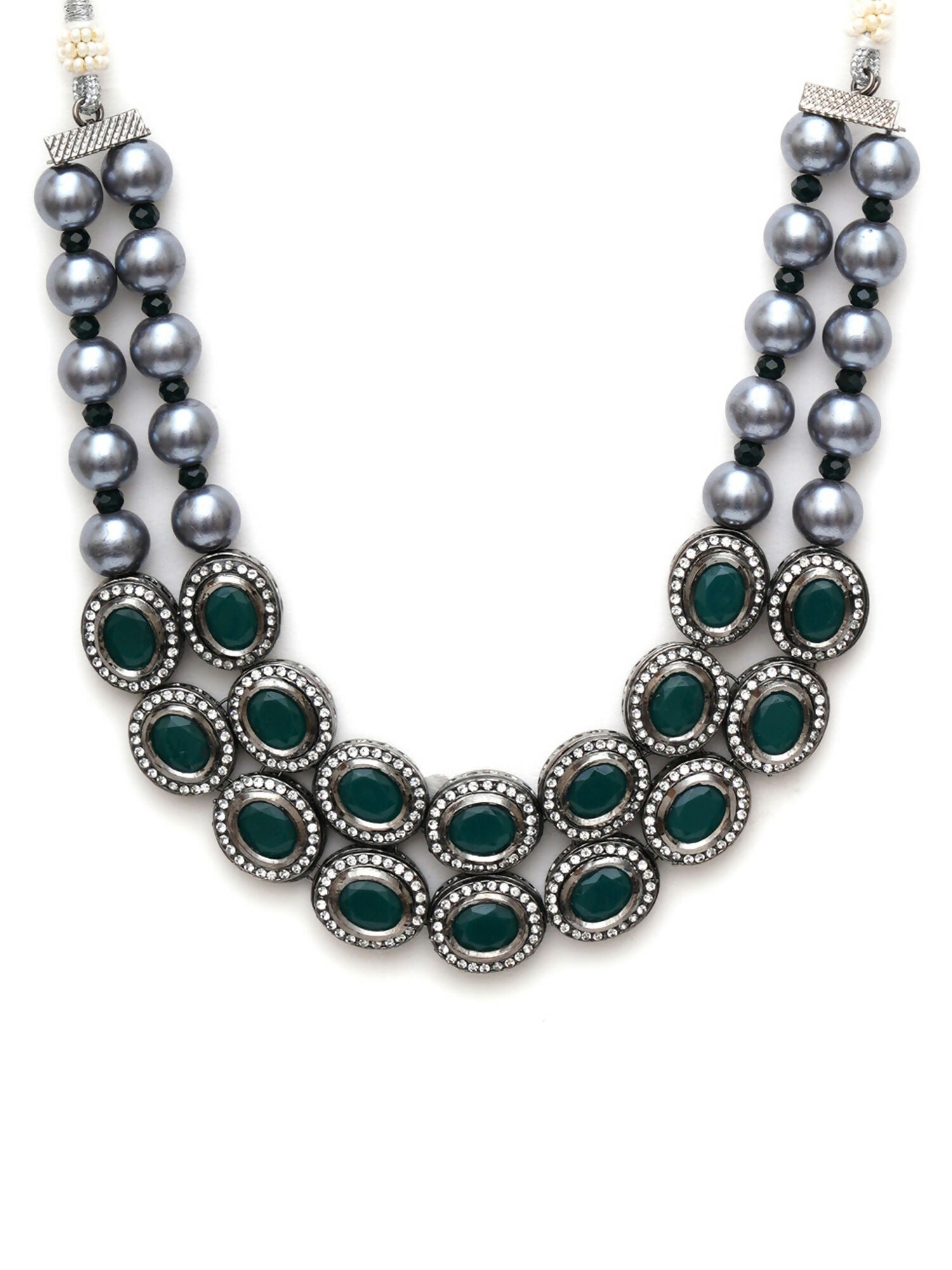 Green Stone Kundan Neckpiece with Grey Stones (Grey) - Ruby Raang
