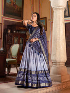 Vastranavya Occasionaly Tussar Silk Dot And Ikkat Print With Foil Work Lehenga Choli - Navy Blue