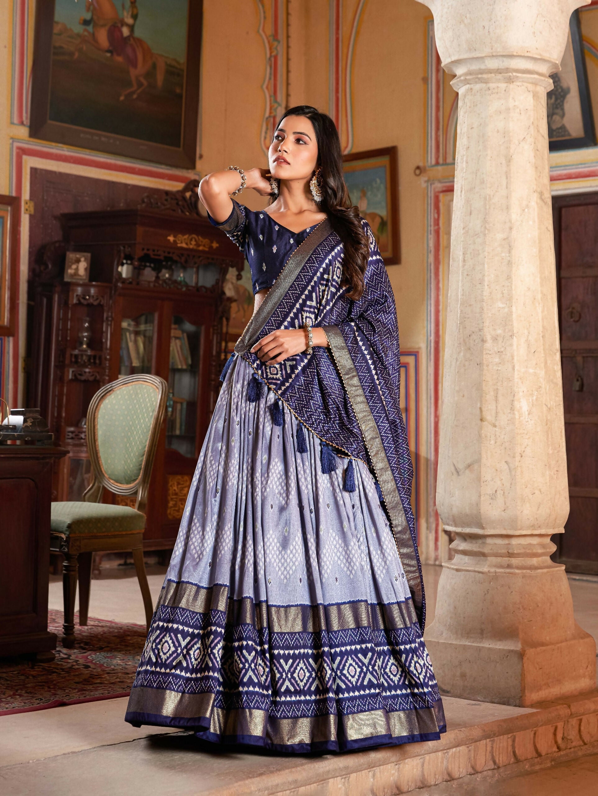Vastranavya Occasionaly Tussar Silk Dot And Ikkat Print With Foil Work Lehenga Choli - Navy Blue